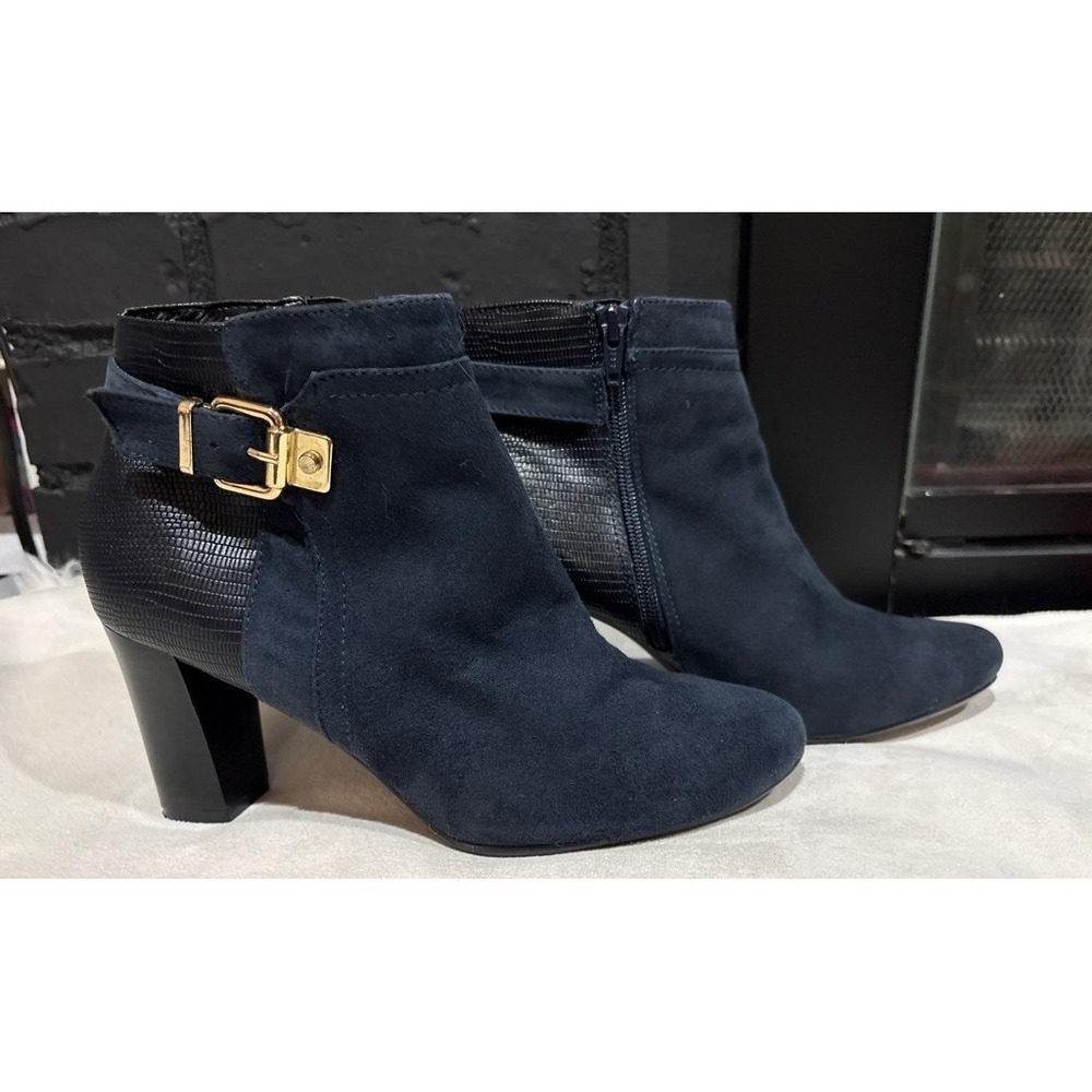 Alfani Ankle Boots Womens 8M Blue Step N Flex Suede Reptile Block Heel Buckle